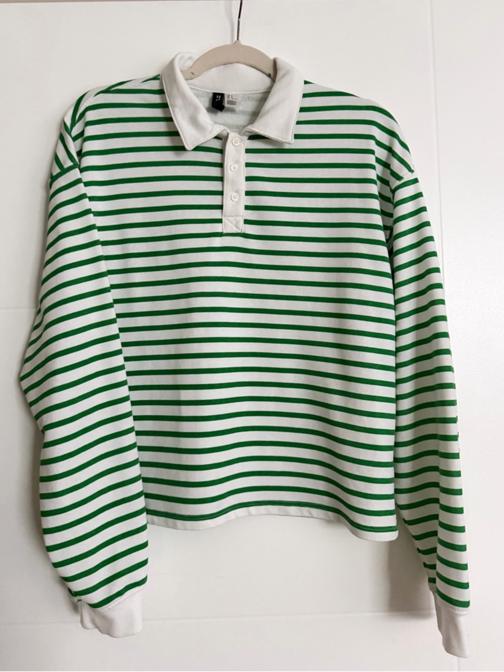 H&M Divided Green White Striped Long Sleeve Collared Polo Top Women Size S